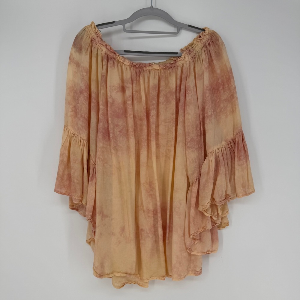 Elan Off Shoulder Blouse Womens O/S Peach Pink Tie Dye Bell Sleeve Boho Festival